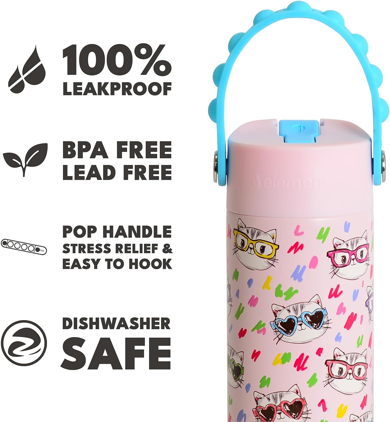 Elemental Insulated Kids Water Bottle, Stainless Steel Water Bottle with Straw Lid & Pop-It Handle, Leak-Proof Water Bottles for School, Boys or Girls, Travelling and Sports, 18oz - Stylish Cat - Image 6