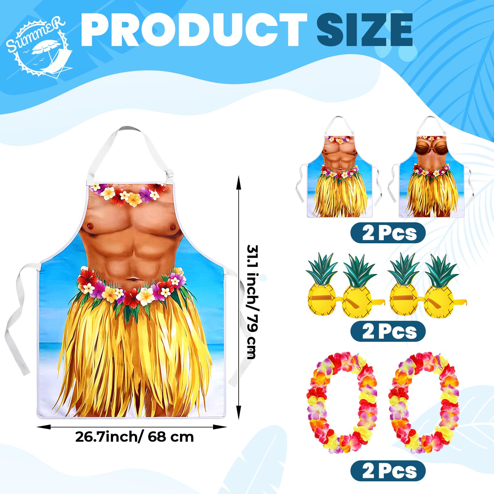 4 delantales hawaianos divertidos para bikini, bandana, diadema, gafas de sol, delantales para parejas, para fiestas de verano, hombres y mujeres