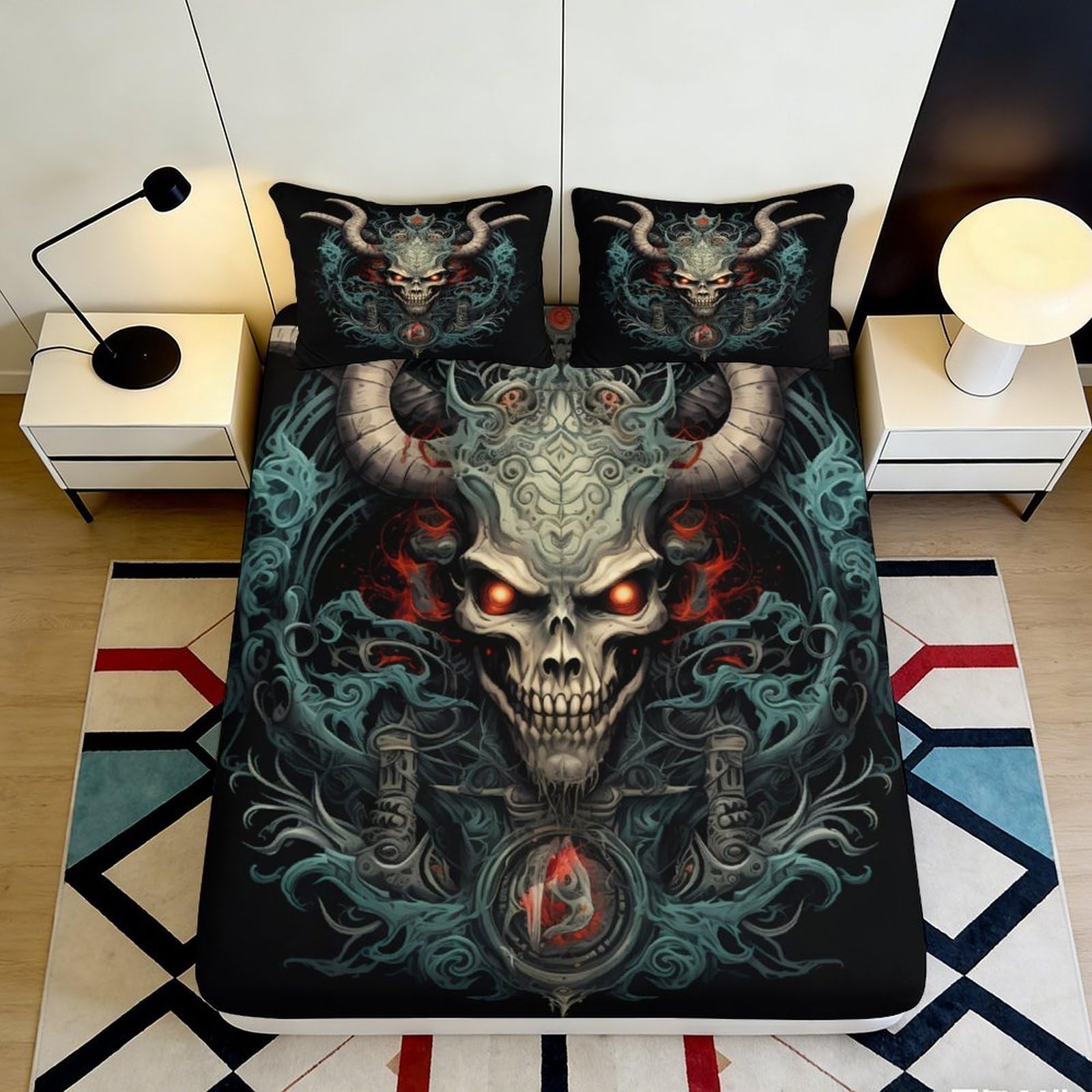 3D Printed Demon Skull Fitted Sheet Microfiber Dark Gothic Dragon Mattress Cover for Bedroom Guest Room Decor 90x200x25cm