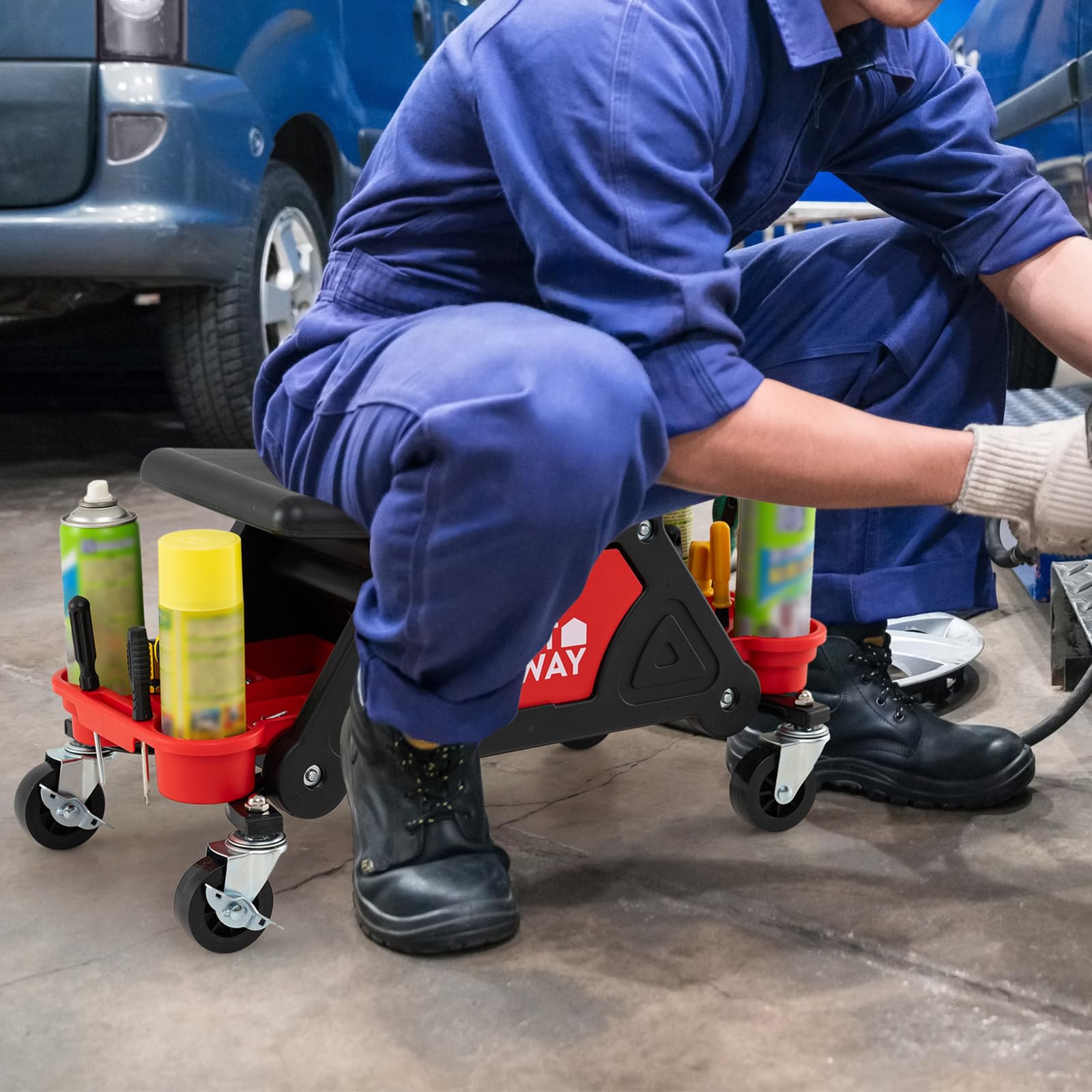 COSTWAY Sgabello da Officina con Ruote, Sedia Meccanico con Cassetto Estraibile e 2 Vassoi Divisori, Capacità di 135 kg, per Riparazione Auto, per Garage e Officina