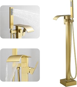 BWE Brushed Gold Freestanding Bathtub Faucet with Handheld Shower, Brass | Modern & Luxury Style, Waterfall Tub Spout, Single Handle, Floor Mounted, Handwre Included, Easy Install