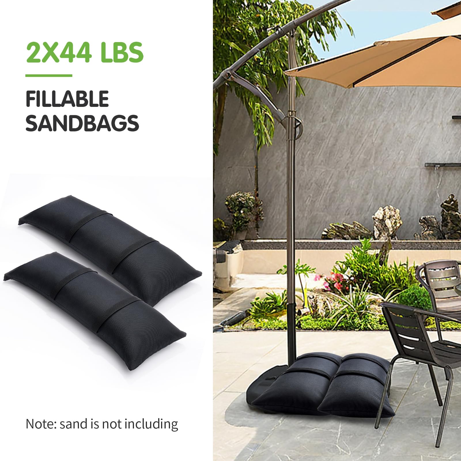 Umbrella Base Weight Sand Bags, Sand Bags for Weight, 2 x 44 LBS Fillable SandBags for Umbrella Base, Cantilever Patio Umbrella, Trampoline, Outdoor Garden Backyard Furniture(Without Sand) (2, black)