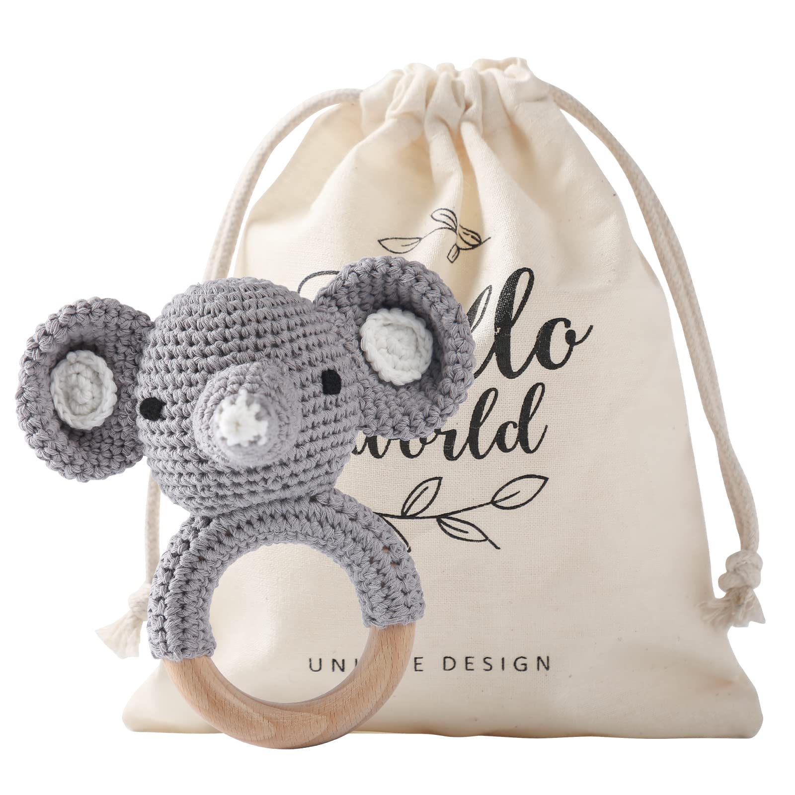 Youuys Wooden Teething Ring Baby Rattle, Gray Elephant, Natural Teething Aid, Hand-Woven Toy for Newborns & Infants, Best Baby Gift for Birth & Holidays