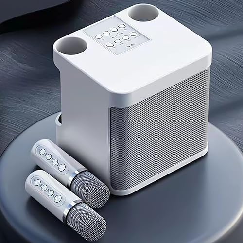 Máquina de karaoke con dos micrófonos inalámbricos, altavoz Bluetooth portátil con ajuste de gravesagudos, 5 tipos de modos de cambio de voz,