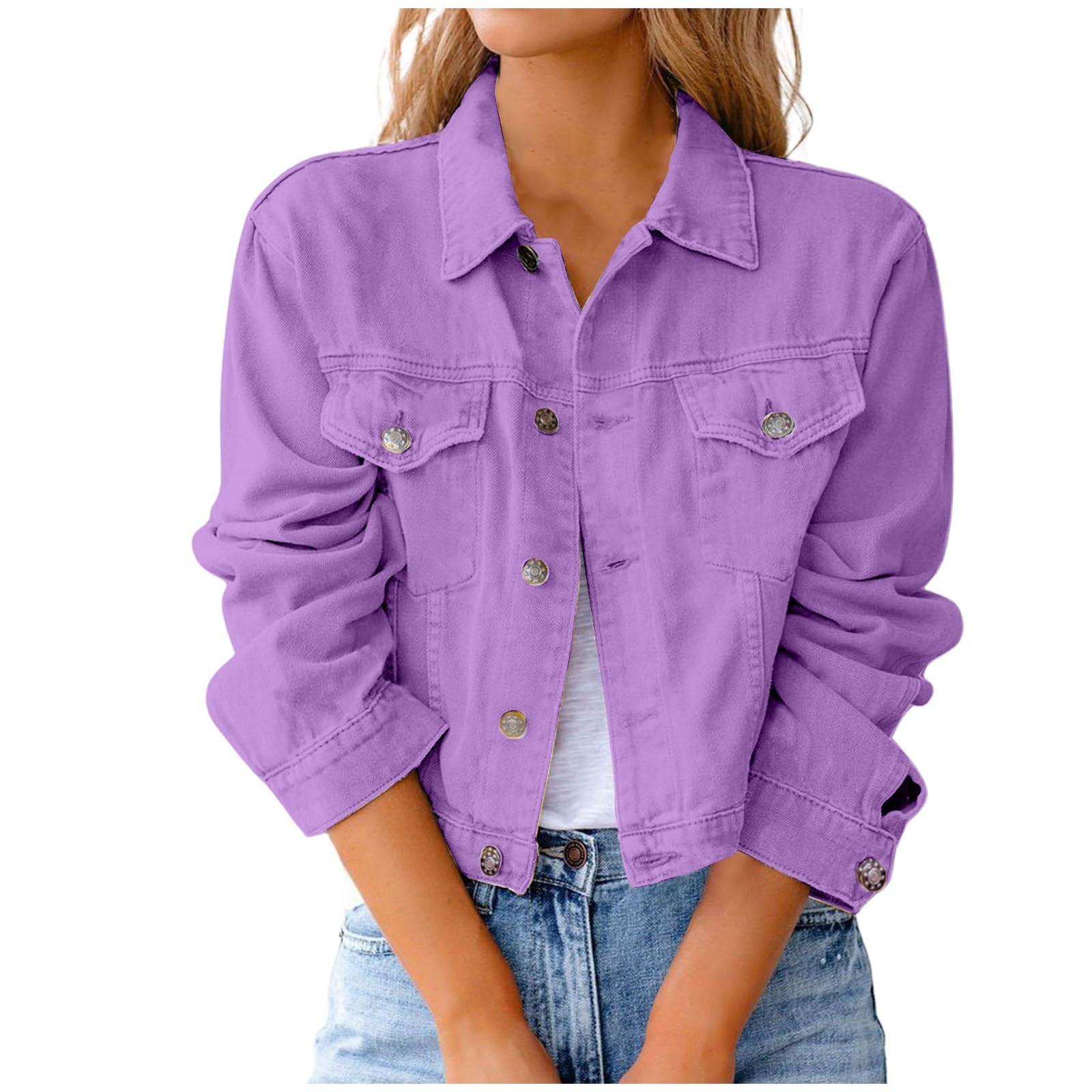 Damen Vintage Revers Button Down Langarm Tasche Distressed Crop Denim Shirt Jean Jacke Teenager Mädchen Mantel Pulli Blau Damen Damen Jack