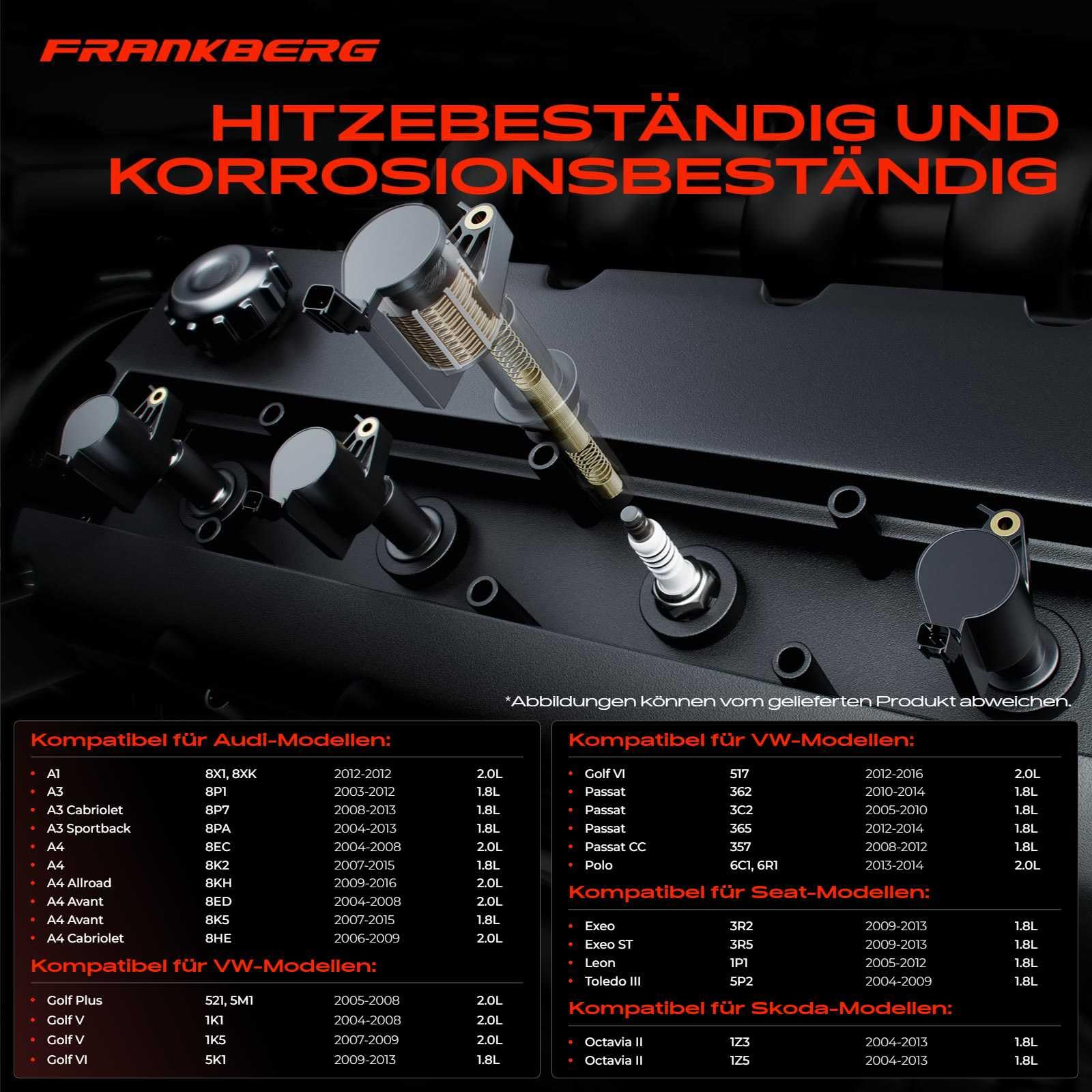 Frankberg 4x Zündspule Kompatibel mit A1 A3 A4 A5 A6 A8 Q3 Q5 R8 TT Superb Altea Exeo Leon Beetle Golf Plus Golf V VI III IV Polo 2003-2018 07K905715