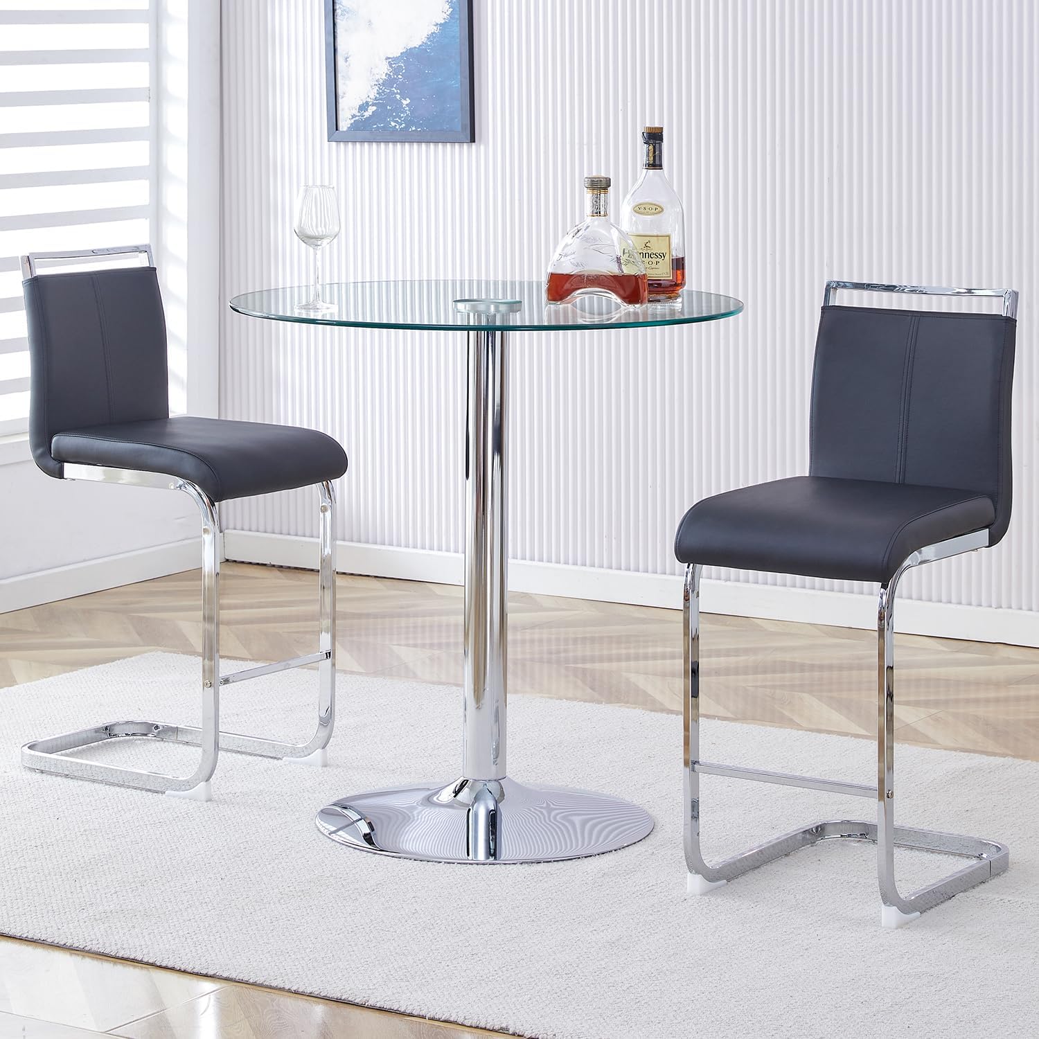 Bar Table and Chairs Set of 2,Round Counter Height Dining Table Set,35” Glass Round Bar Table Set with Black Bar Stools,Sturdy Silver Chrome Base,Small Pub Table Set for Apartment,Kitchen(36"H