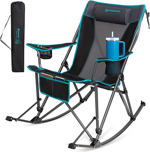 FUNDANGO Silla mecedora de gran tamaño para adultos, sillas de césped plegables portátiles para exteriores con almohadas, reposabrazos anchos, 2