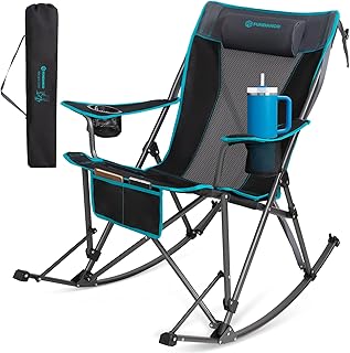 FUNDANGO Oversized Rocking Camping Chair for Adults, Portable Folding Lawn Chairs for Outside with Pillows, Wide Armrest, 2 Cup Holders, Carry Bag for Patio Garden Outdoor Supports 400Lbs (Black/Blue)
