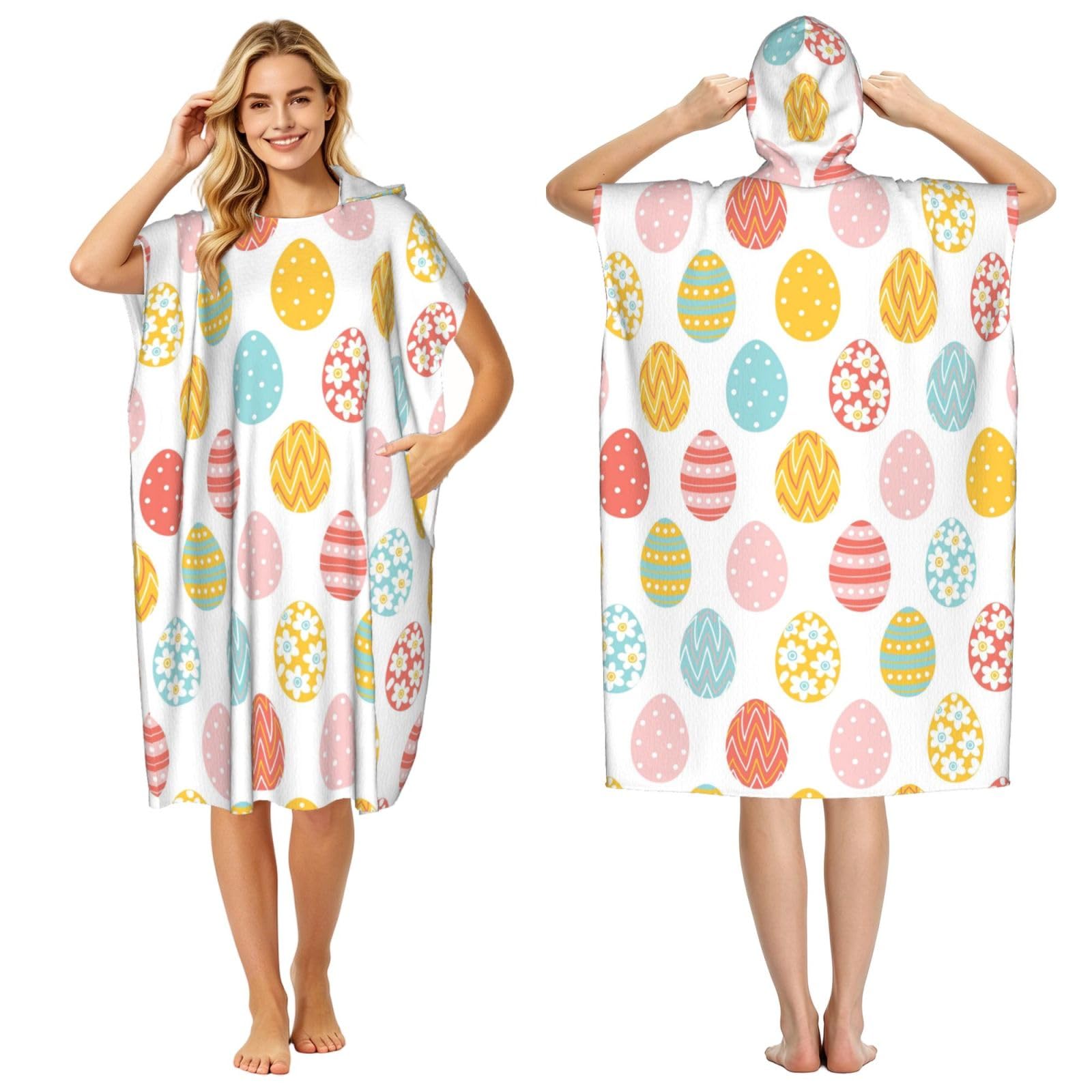 Poadnly Happy Easter Colorful Easter Eggs, Adult Hooded Beach Towel 90 x 110 cm,Changing Bath Robe, Surf Poncho Towel For Women Men
