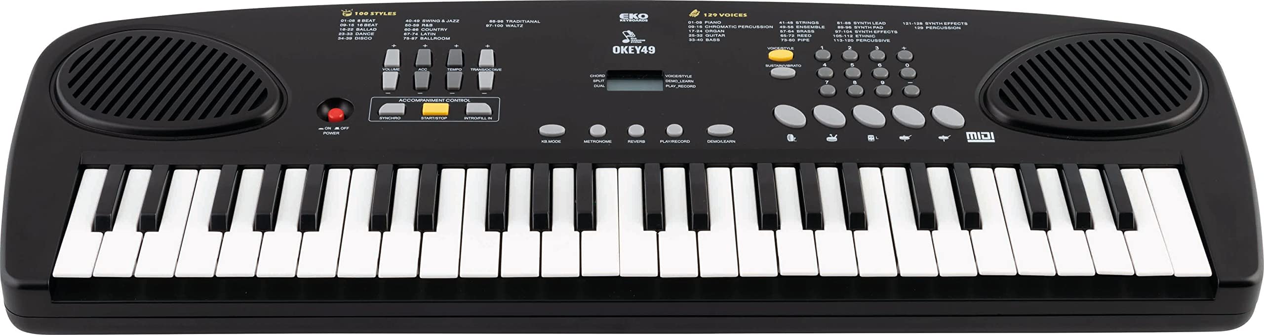 EKO Keyboards Okey - Teclado digital portátil de 49 teclas, 49 teclas, 49 teclas, mini 4 octavas, 129 sonidos, 100 estilos, compacto y ligero, ideal para la escuela secundaria, incluye estuche