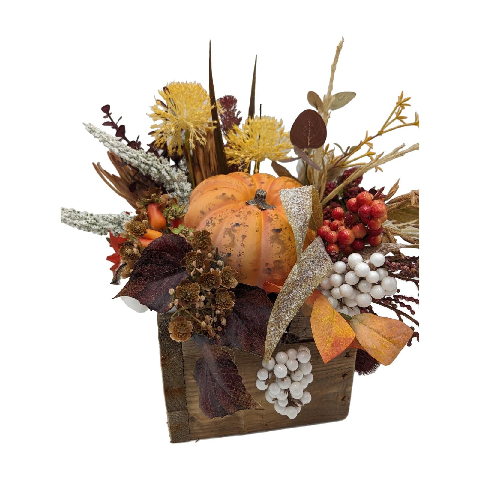 Herbstgesteck Kürbis Beeren Gräser orange gelb in Holzkiste