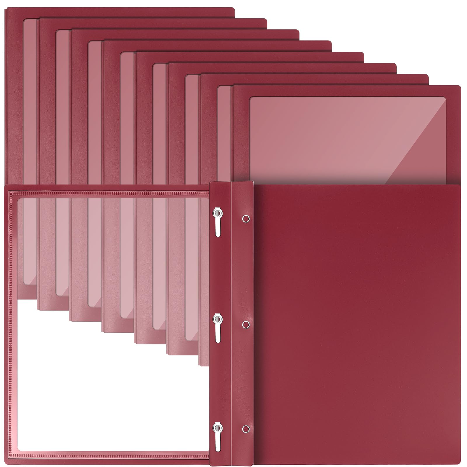 Teling Präsentationsmappen mit 3 Zinkenverschlüssen, transparente Vorderseite, Präsentationsmappen, Sichtfenster, Poly-Berichtsmappe, Präsentationsmappe für Papier, Dokumente, Schule, Büro, Dunkelrot,