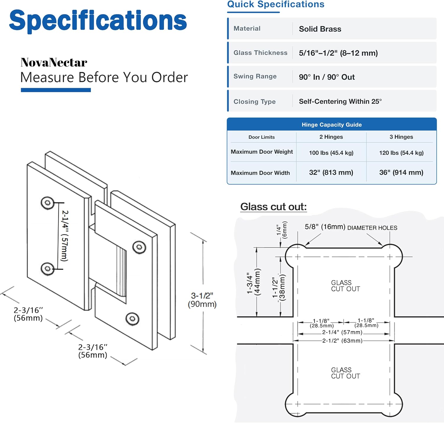 NovaNectar 180 Degree Glass to Glass Shower Door Hinge, Brushed Nickel image 2