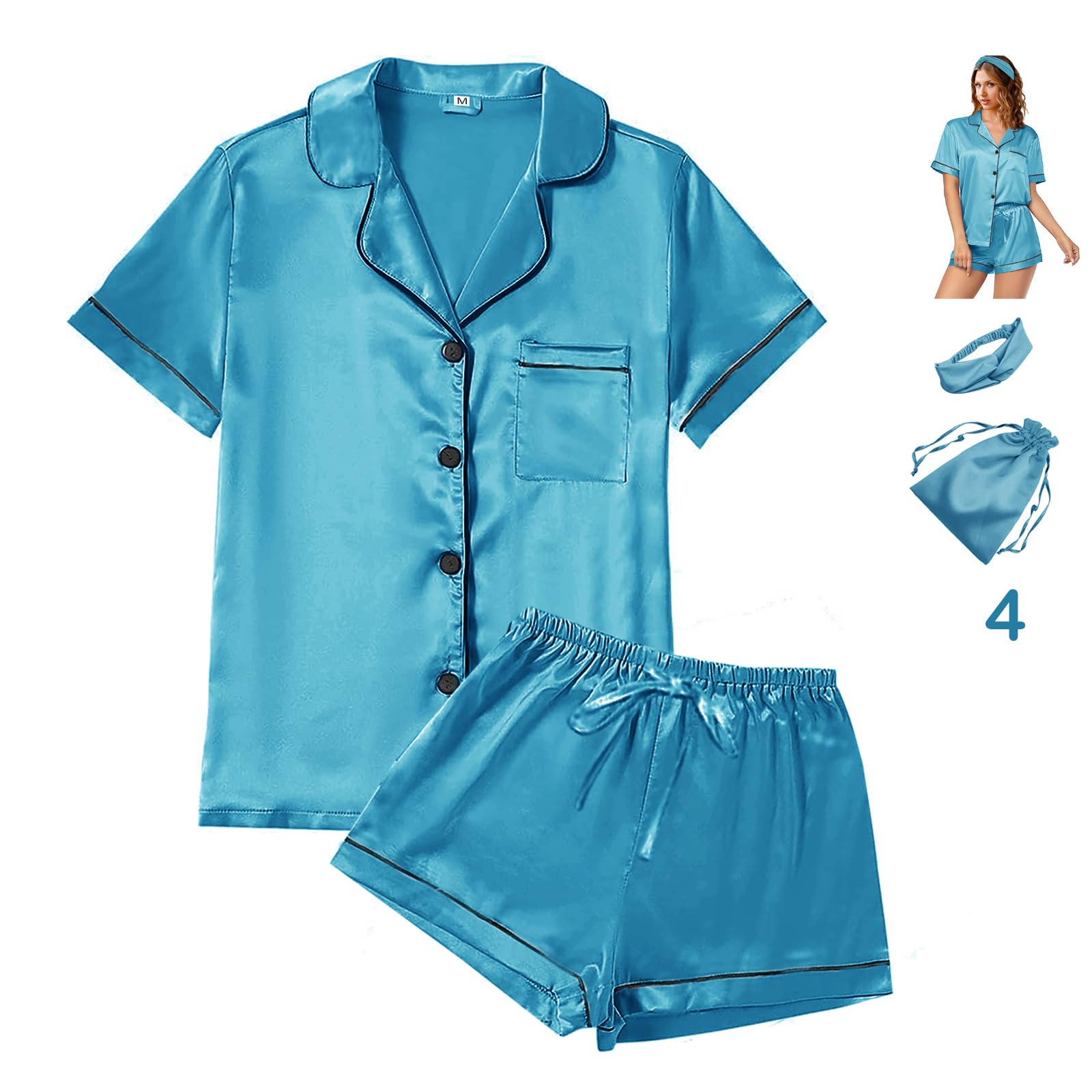 WJing Yi Jia 4Pcs Womens Satin Silky Pajama Sets Short Sleeve Shirt XS-4XL Floral Pajamas Set Soft PJ Loungewear Sleepwear: X-Large Water Green-b