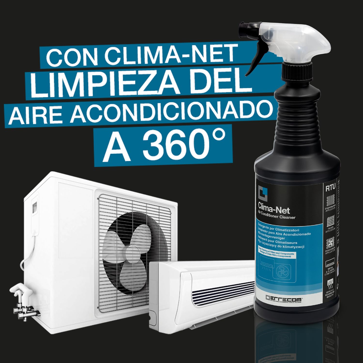 Errecom Clima-Net, Detergente para Aires Acondicionados, Filtros, Baterías Aleteadas y Unidades Externas, 6 botes x 1 L