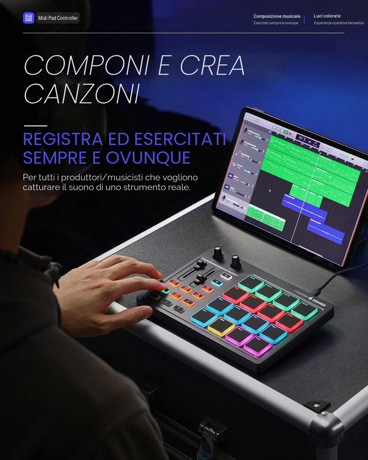 Donner Controller MIDI Pad Drum Pad Macchina, Professional USB Type-C Tastiera Beat Maker con 16 Pad, MIDI out, 2 Fader e Knobs Assegnabili (STARRYPAD MINI, Nero)