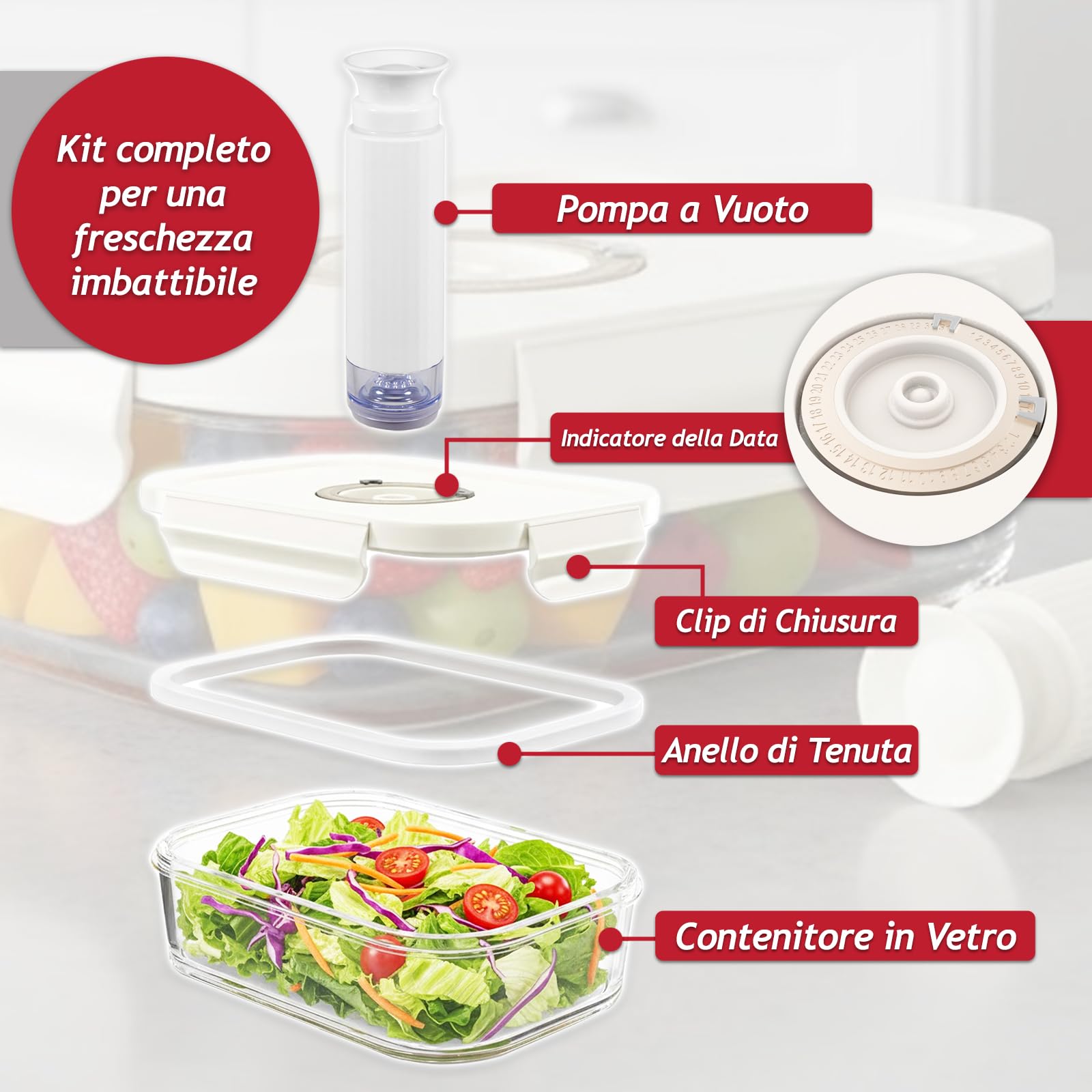 SPARES2GO Contenitori in vetro per alimenti sottovuoto con coperchi a clip di sicurezza (confezione da 5, medi, 1040 ml) + pompa sigillante manuale