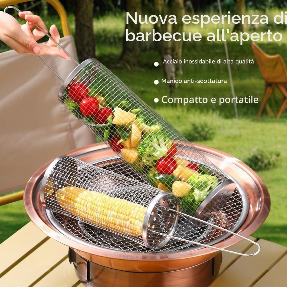 Cestino per griglia arrotolabile, cestino per grigliare all'aperto, barbecue rotondo in acciaio inox, griglia per barbecue, portatile da campeggio all'aperto, per verdure, patatine, pesce