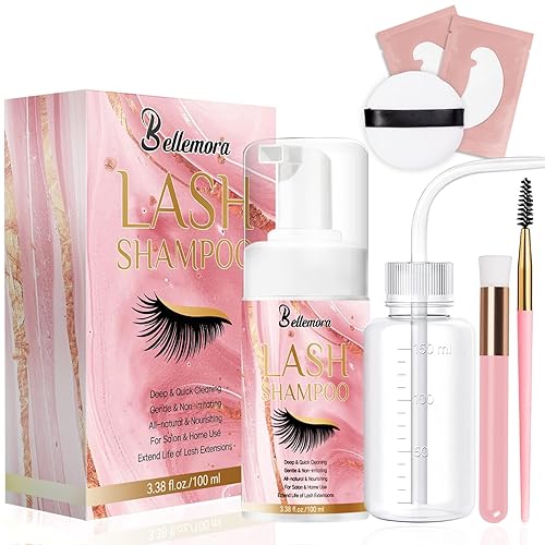 Bellemora Champú de pestañas para extensiones de pestañas, 3.38 onzas líquidas, champú suave de pestañas de limpieza profunda, kit de limpieza de