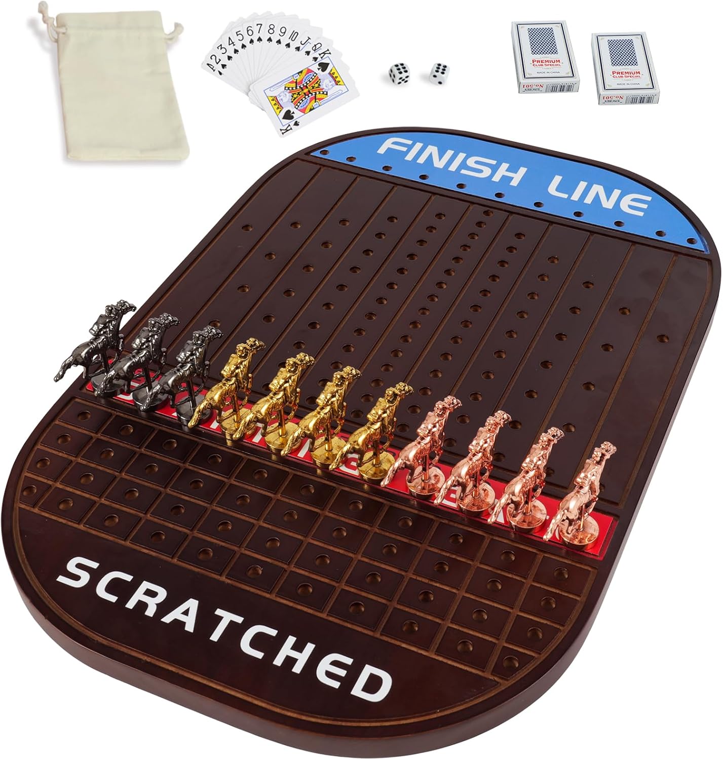 Horse Race Board Game Racing Game Thickened Solid Wood with 11 Luxurious Durable Classic Metal Horses with 4 Dice and 2 Boxes of Cards Horse Racing Game(Small Circular,Walnut) (Walnut)...
