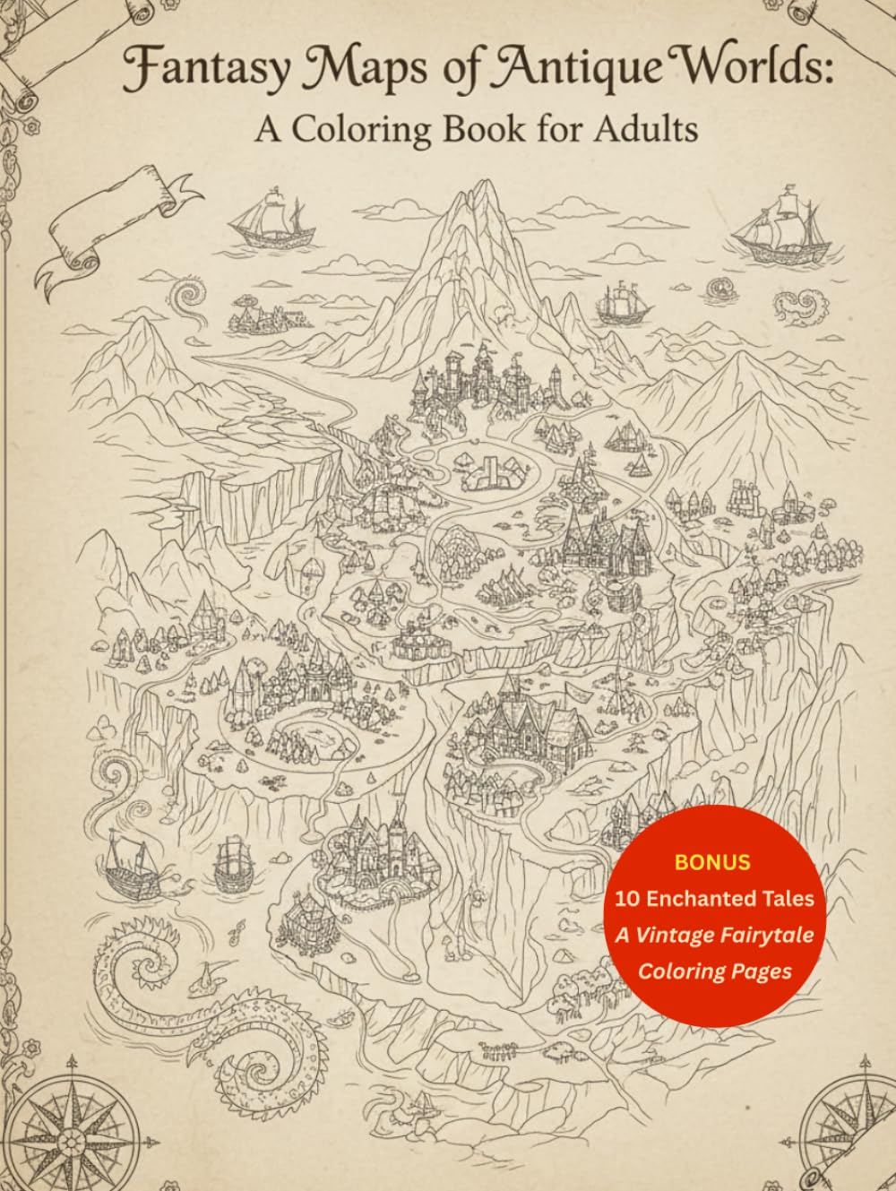 Fantasy Maps of Antique Worlds A Coloring Book for Adults: +100 Old Cartography Lines, Compass Roses & Wanderlust Designs for Relaxation and Stress ... Pages (The Fantasy Cartography Collection)