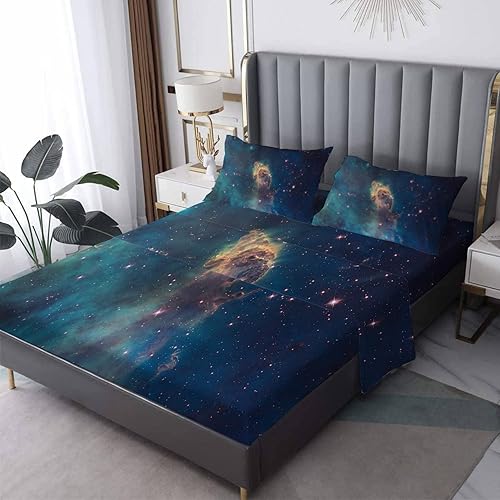 NOGAWA Star Sheets - Juego de sábanas y fundas de almohada tamaño Queen, sábanas y fundas de almohada con patrón de espacio de plantas, sábana