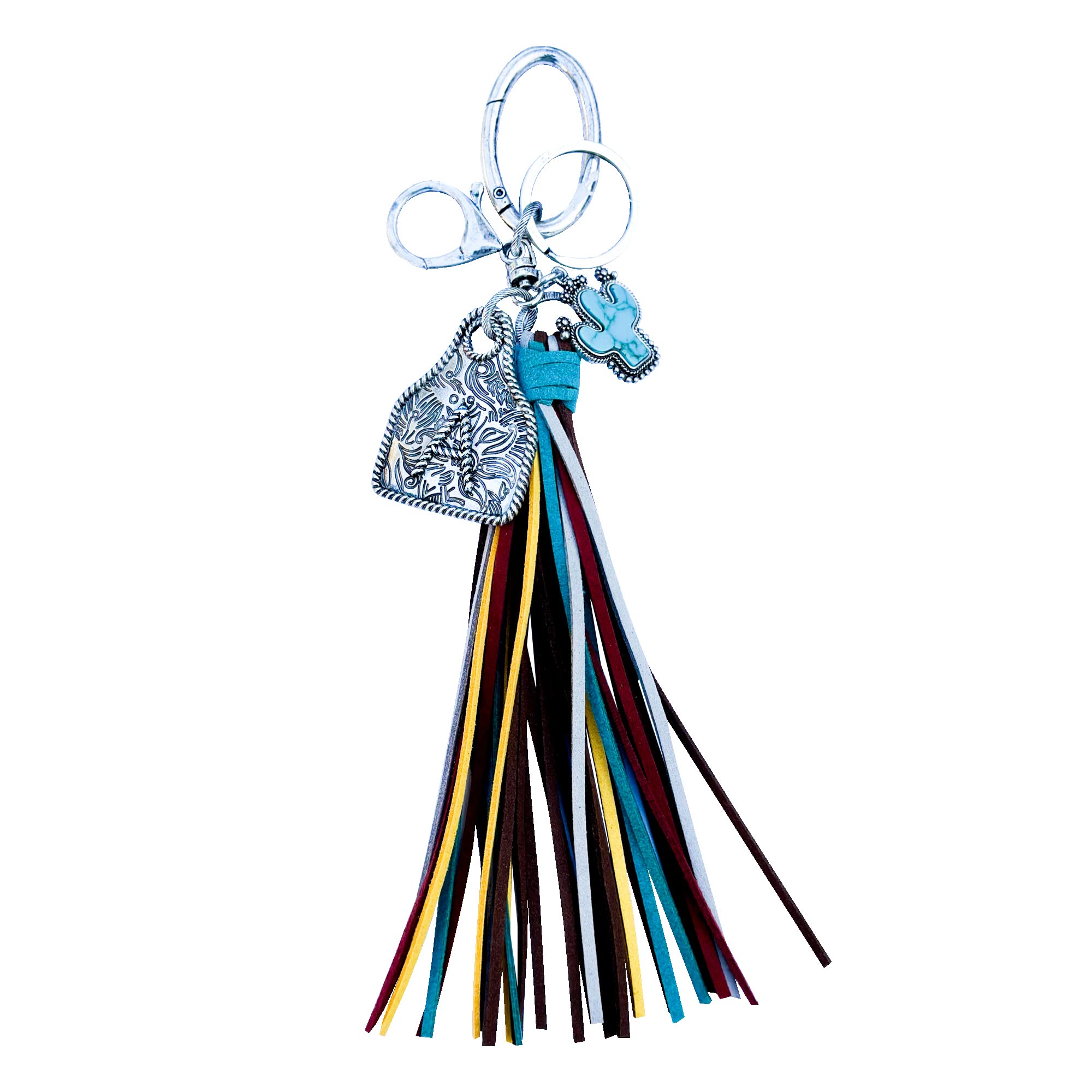 Western Cow Ear Tag Initial A-Z Keychain Bag Charm with Multi Color Tassel and Cactus Charm