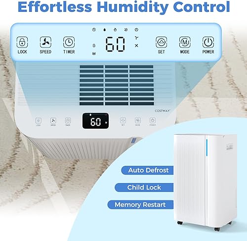 Miniatura 3 de COSTWAY Deshumidificador de 54 pintas para sótano, deshumidificador portátil de 4500 pies cuadrados con manguera de drenaje, tanque de agua de 1.1