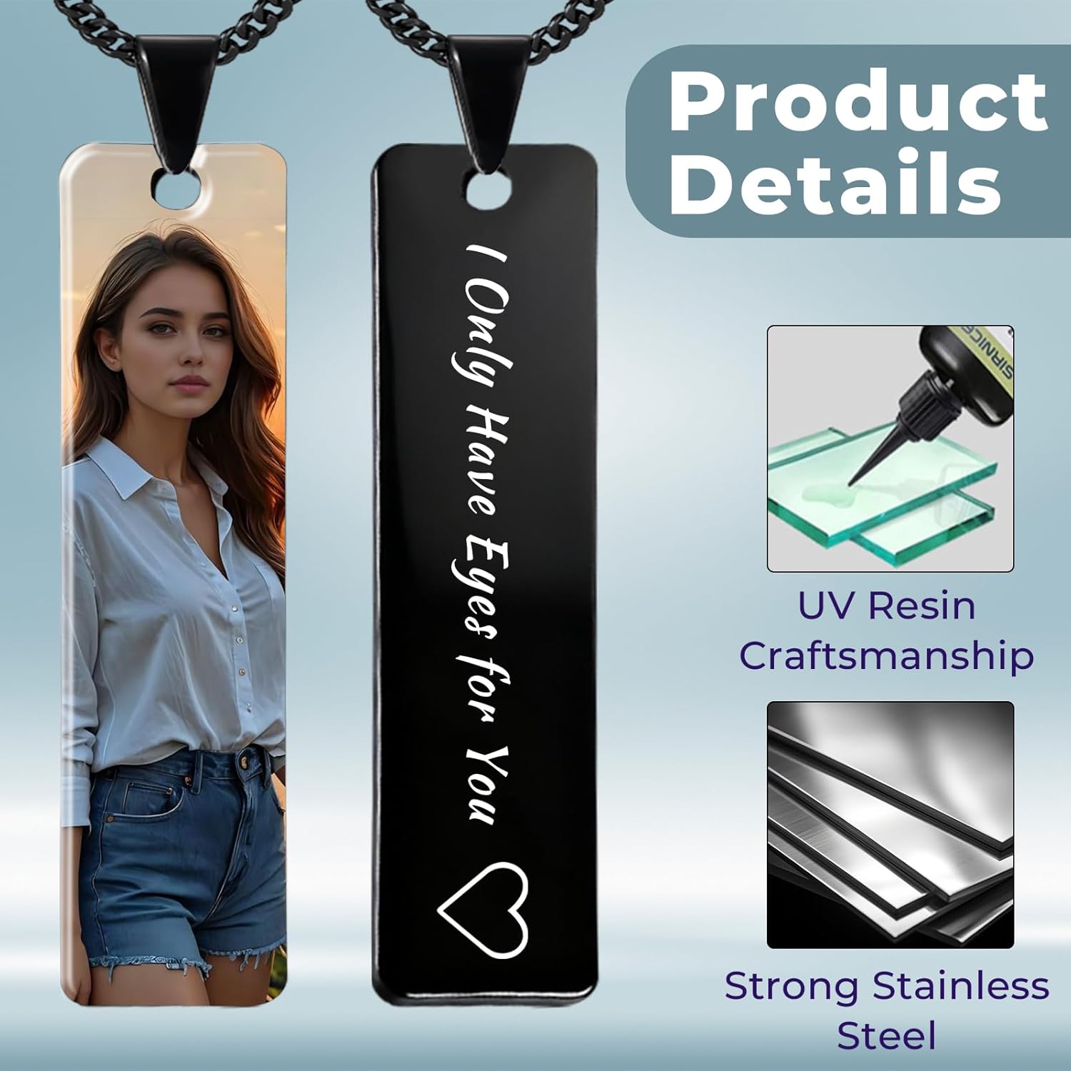 QYH Custom Eye Necklace with Picture - Personalized Eyes Necklace Couples Photo Double-sided Engraved Text Stainless Steel Necklaces Customized Gifts for Loved One - Image 4