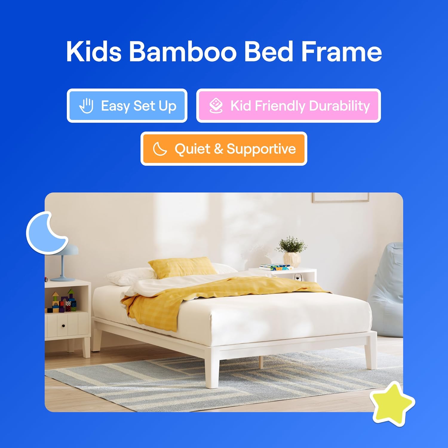 Nectar Kids Bamboo Platform Bed Frame - Twin - White - 12” Height - Easy Tool Free Set Up - Durable & Kid-Friendly - Sturdy Wooden Slats for Support