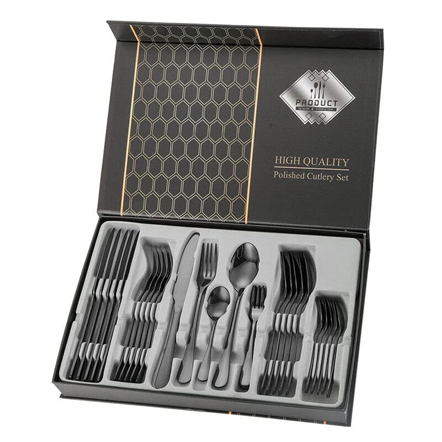AWD Luxury Portable Colorful Stainless Steel Cutlery, 30 Piece Flatware, Service up to 6 person, Gift Box Packaging Cutlery Set. (Black)