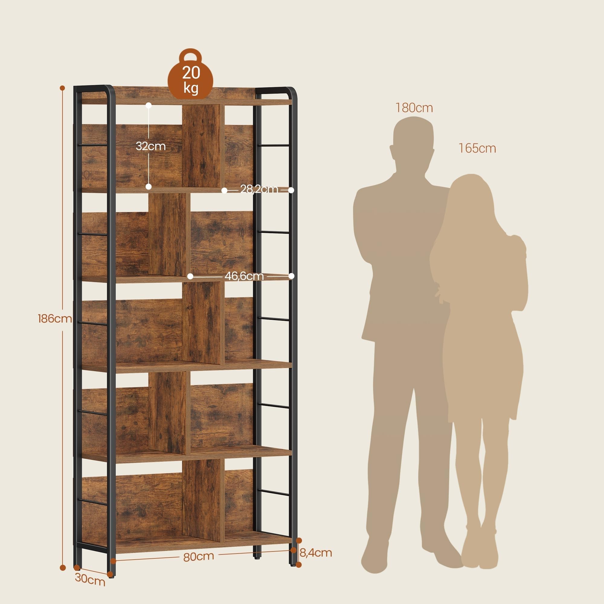 HEXCELEN Bibliothèque avec 6 Niveaux 30 x 80 x 186 cm Brun Rustique et Noir | Bibliotheque Industrielle, Étagère de Rangement, Étagère Ouverte, pour Bureau, Salon Industriel
