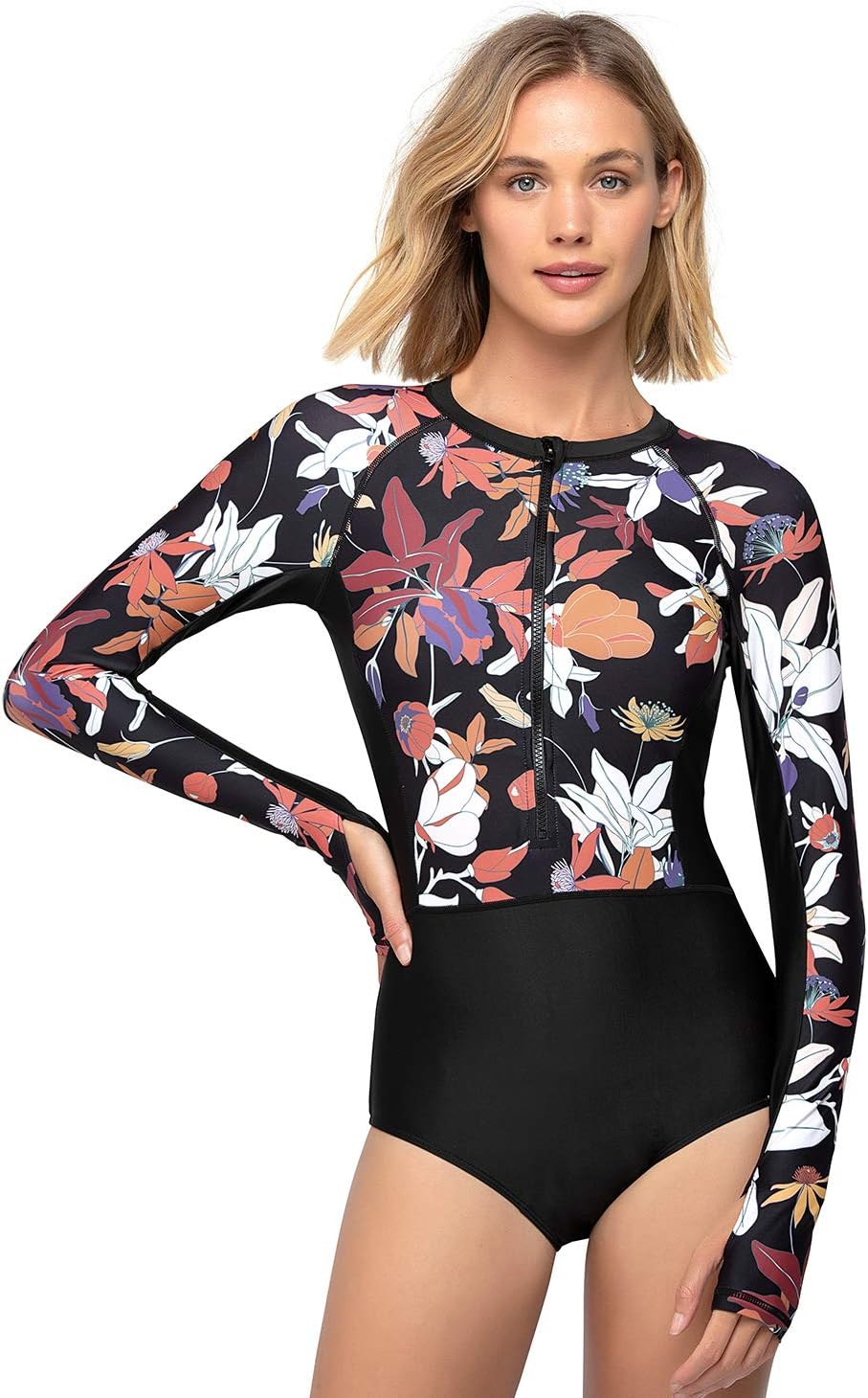 AXESEA Womens Rash Guard Long Sleeve One Piece Swimsuit UV UPF 50+ Sun Protection Zipper Printed Patchwork Bathing Suit