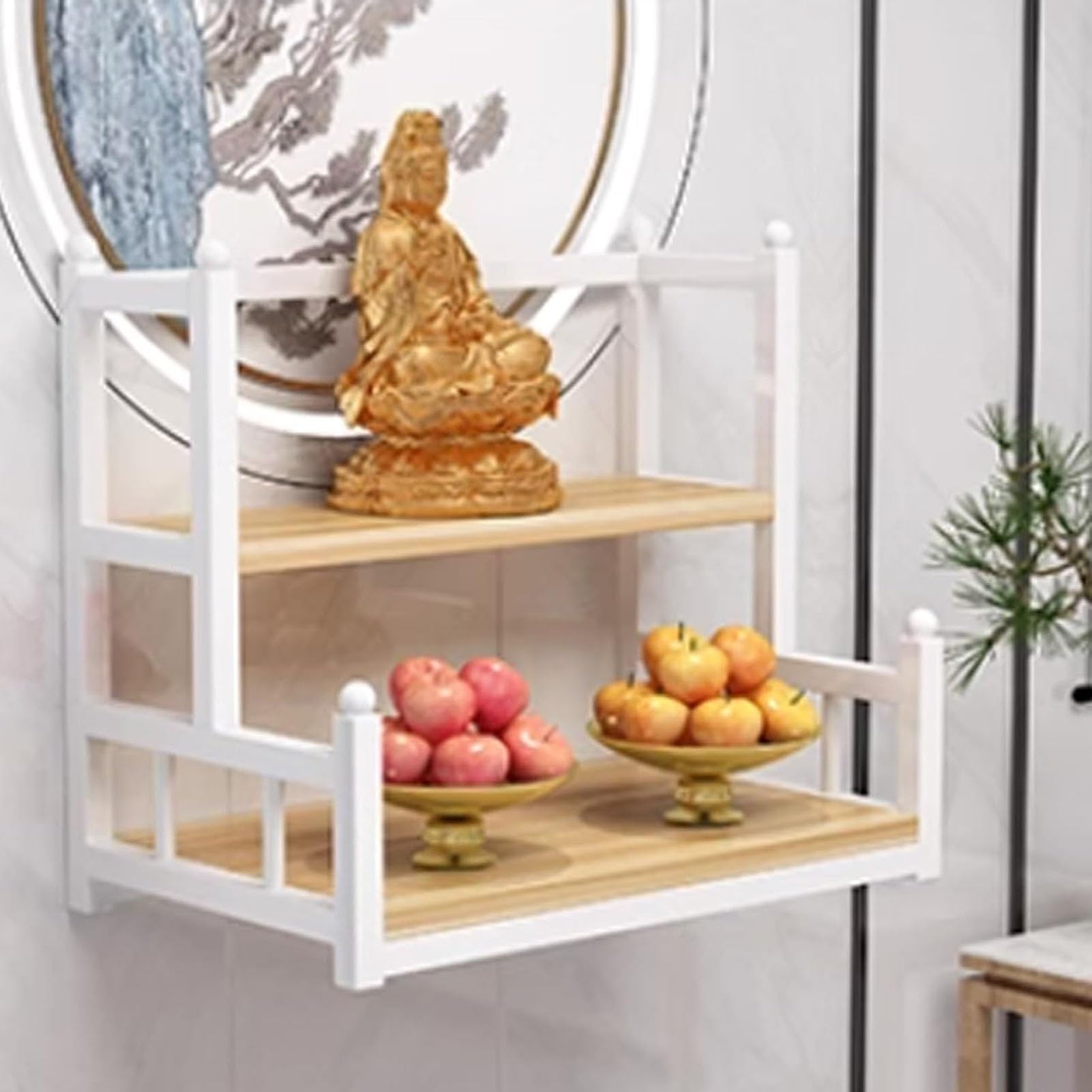 Stolik Ołtarzowy Buddyjski Montowany na Ścianie, Metalowe Stoły Modlitewne, Półka Ołtarzowa do Kapliczki, 3-poziomowe ​​medytacji(White+Natural,70cm/27.6in)