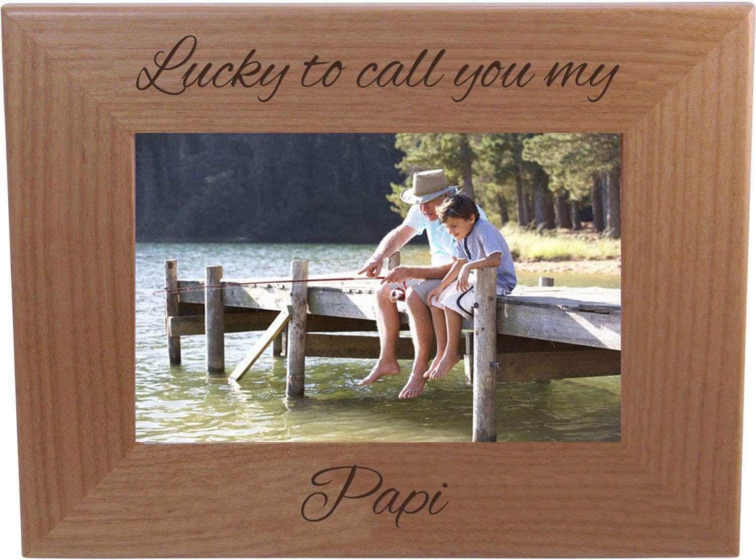 CustomGiftsNow Lucky to Call You My Papi Engraved Natural Alder Wood Hanging/Tabletop Picture Memory Family Memorial Photo Frame