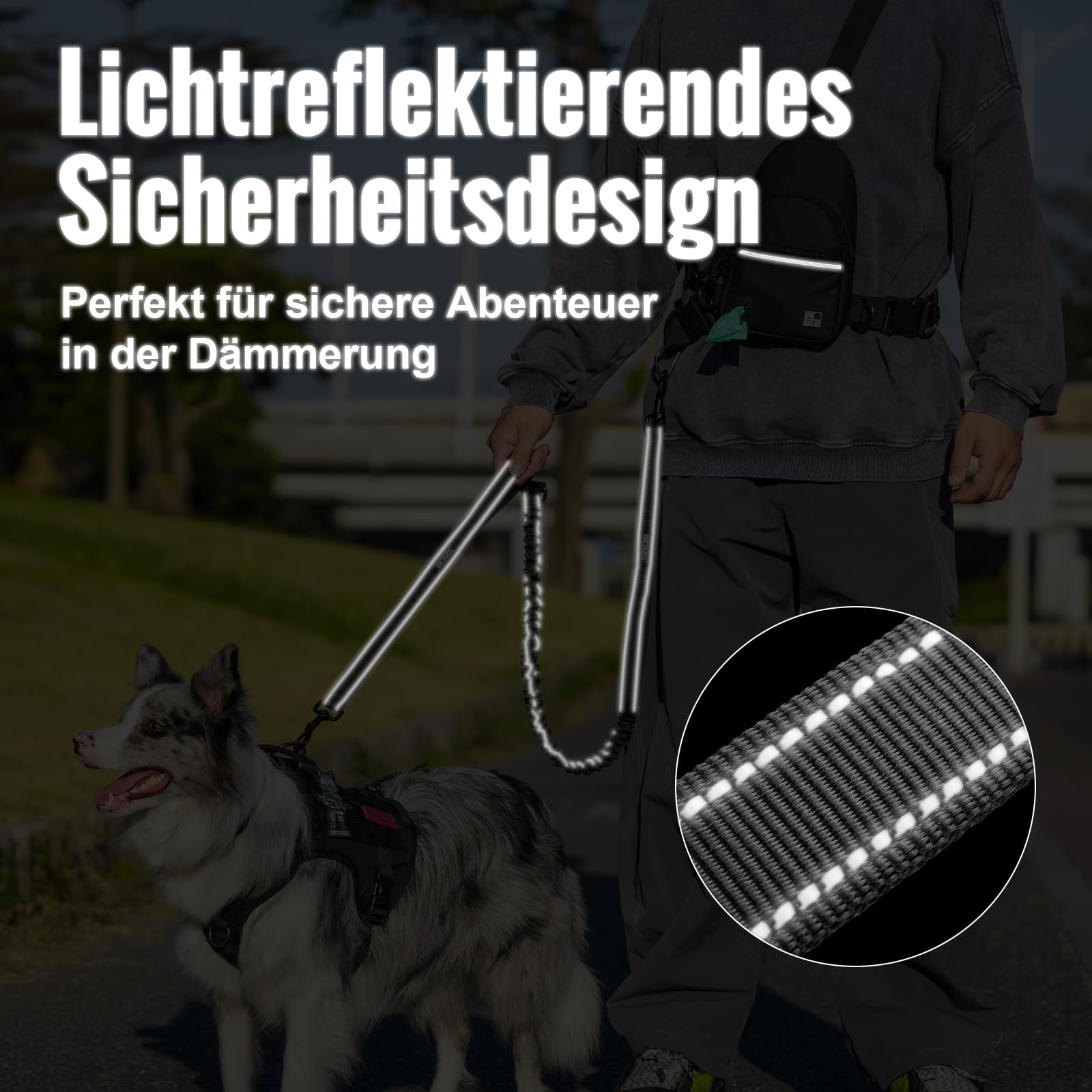 OneTigris Guinzaglio da jogging per cani, con cintura imbottita, tasca sul petto, anti-stress, doppio manico, riflettente 3 in 1, adatto per escursioni, corsa, allenamento, 130-180 cm