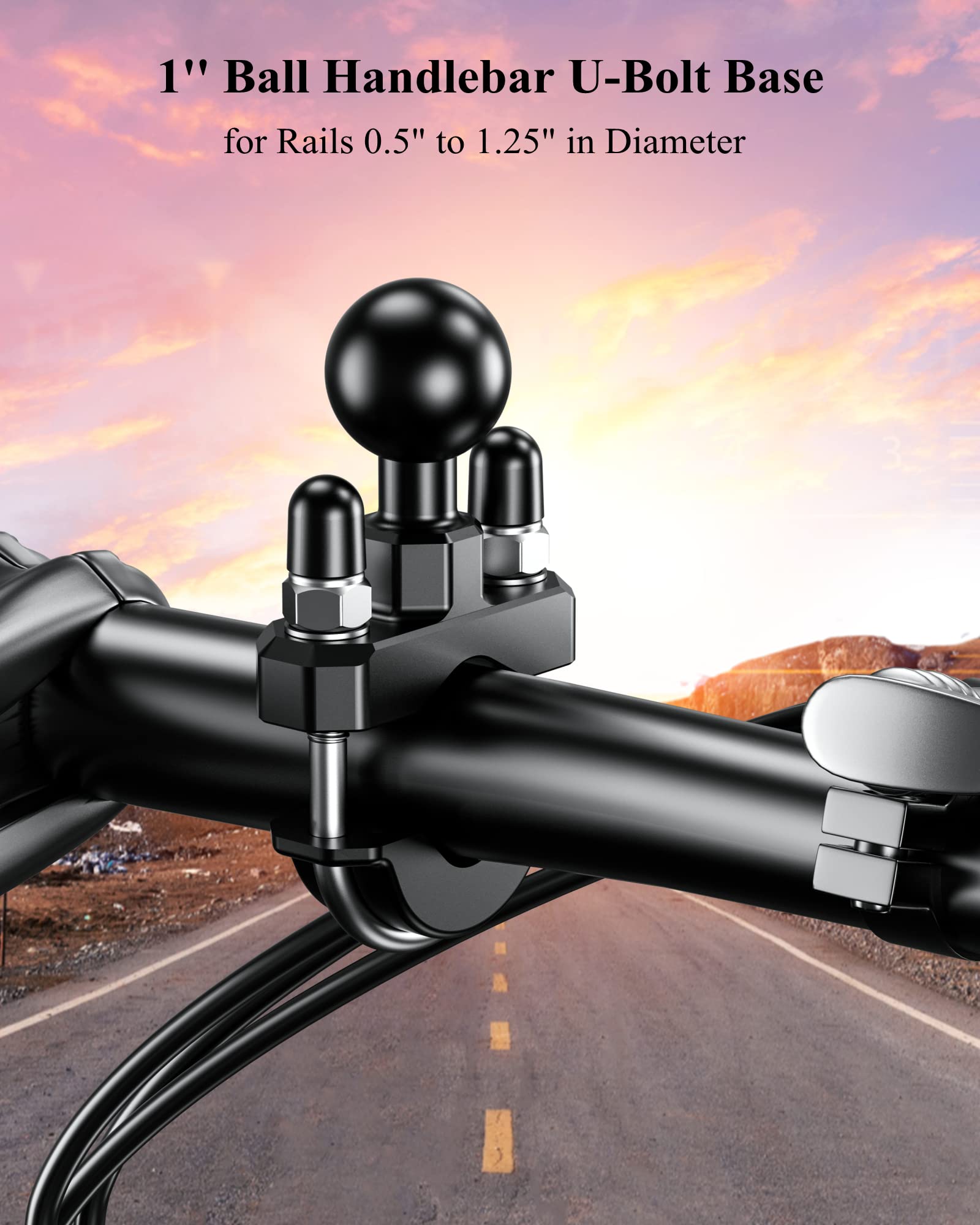 BRCOVAN 1'' Ball Handlebar U-Bolt Mount Base, Fit for Round Rails 0.5'' to 1.26'' in Diameter, Compatible with RAM Mounts B Size 1 inch Ball Double Socket Arm & Bike Motorcycle Phone Holder
