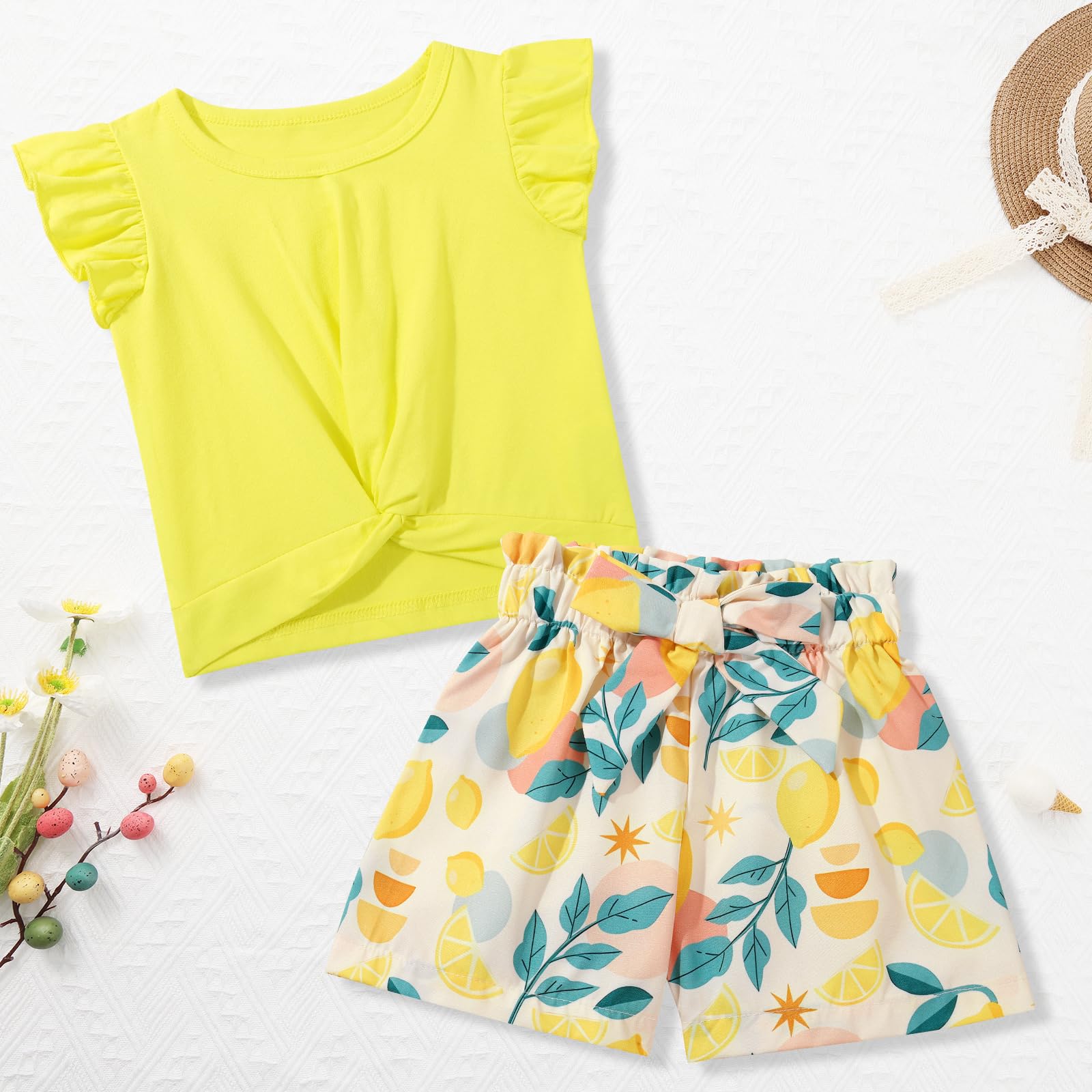 Valcatch Toddler Girl Short Sets Ruffle Short Sleeve Twist Front T-Shirt Bowknot Shorts Two Piece Kids Girls Summer Clothes