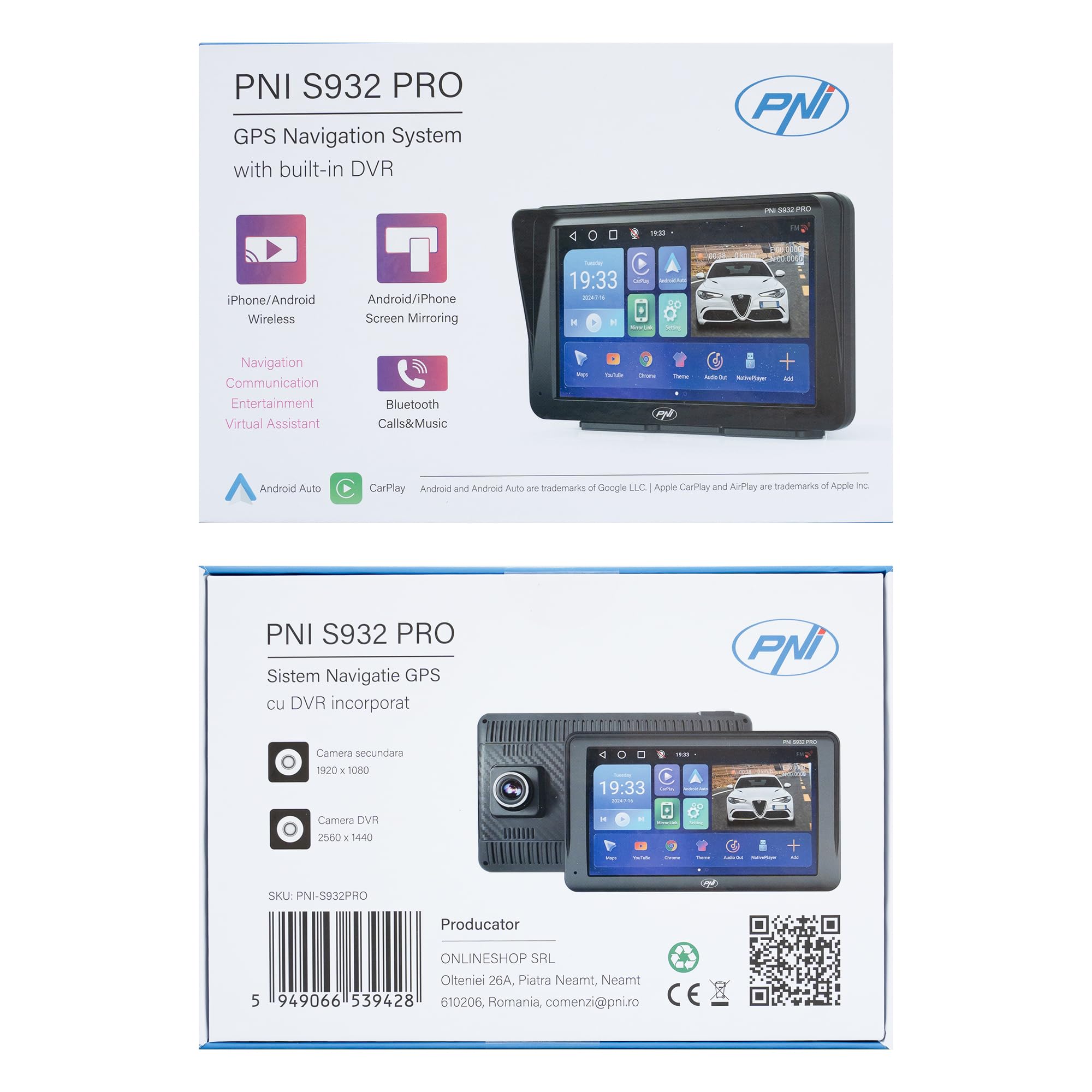 Sistema di navigazione GPS con DVR integrato PNI S932 Pro Display 7 pollici, memoria 32 GB, RAM DDR3 2 GB, Android 13, trasmettitore FM, Mirror Link, Carplay e Android Auto, telecamera