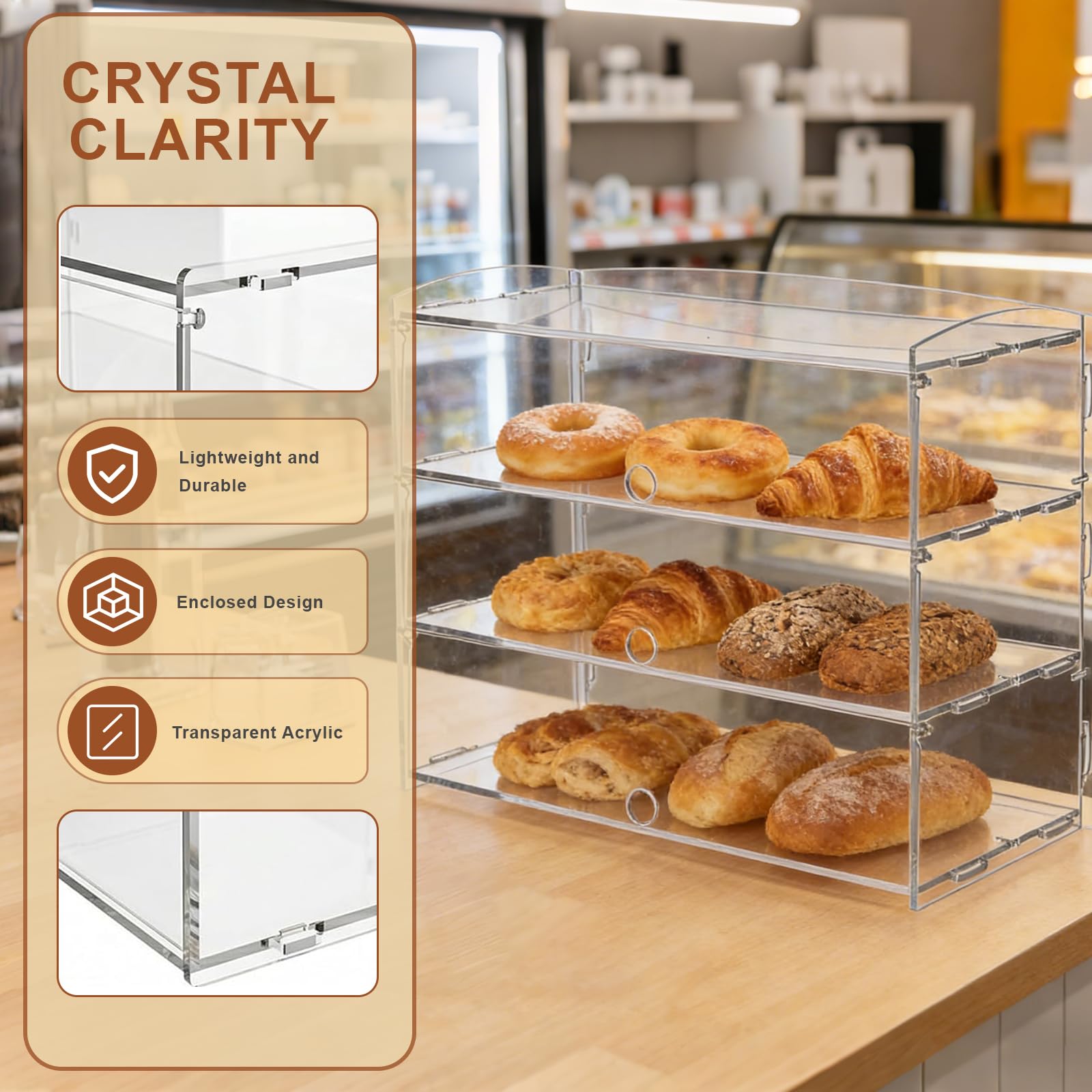 TAIMIKO Vitrina de acrílico para repostería, 3 niveles, vitrina de panadería de 19 x 9 x 15.3 pulgadas para pan, postres, alimentos, galletas, hornear, pasteles, donas con pinzas para servir pasteles