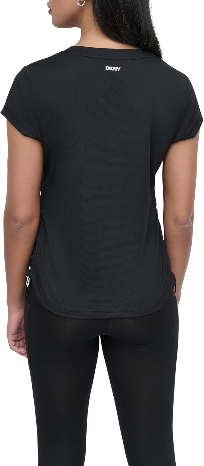 DKNY Womens Short Sleeve V-Neck Tech Ruched Side Seam Active T-Shirt - Image 3
