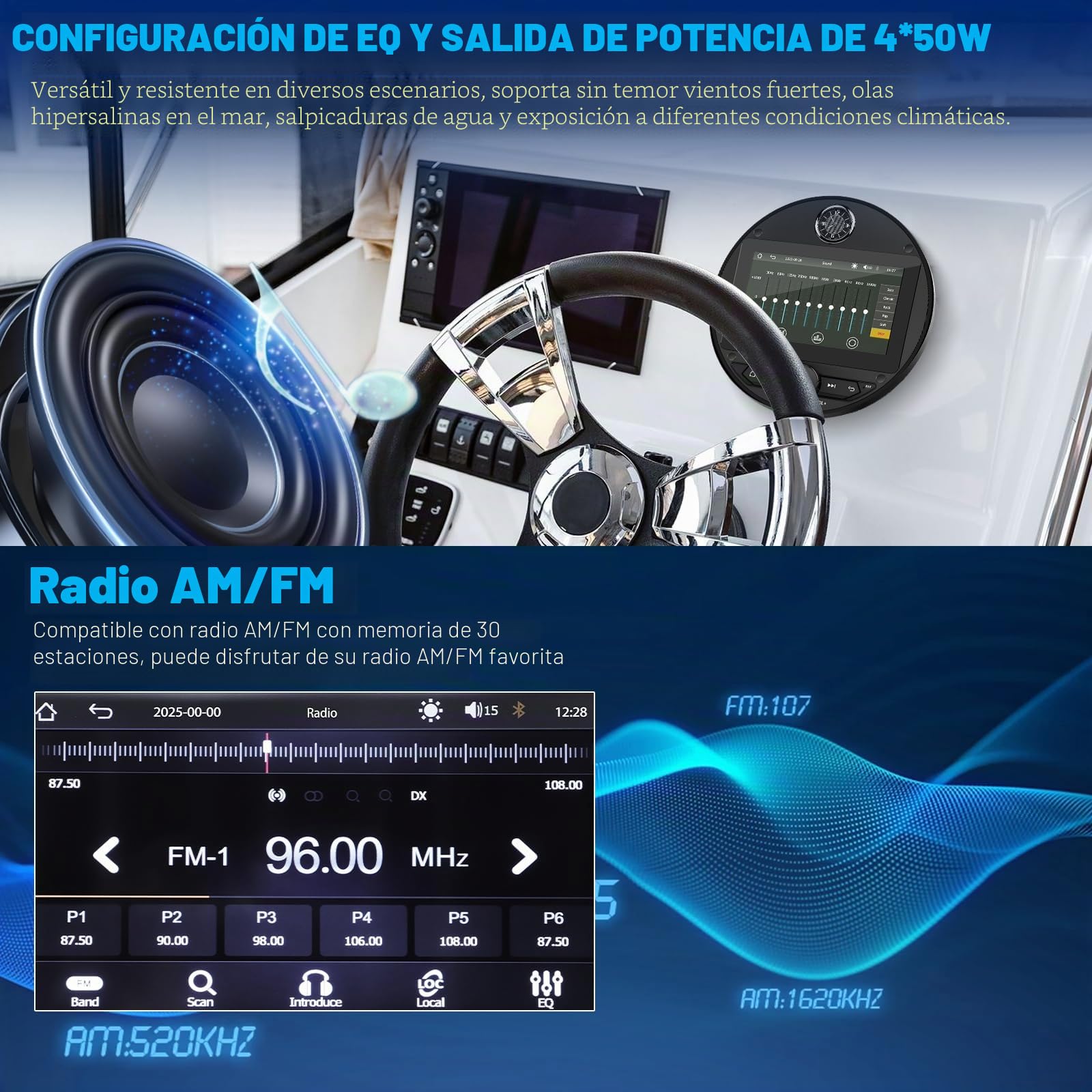 Reproductor Estéreo Marino Mejorado Marine Radio con CarPlay y Android inalámbrico para Uso Marino, Barco, Coche Conexión BT5.0, Reproducción de Películas