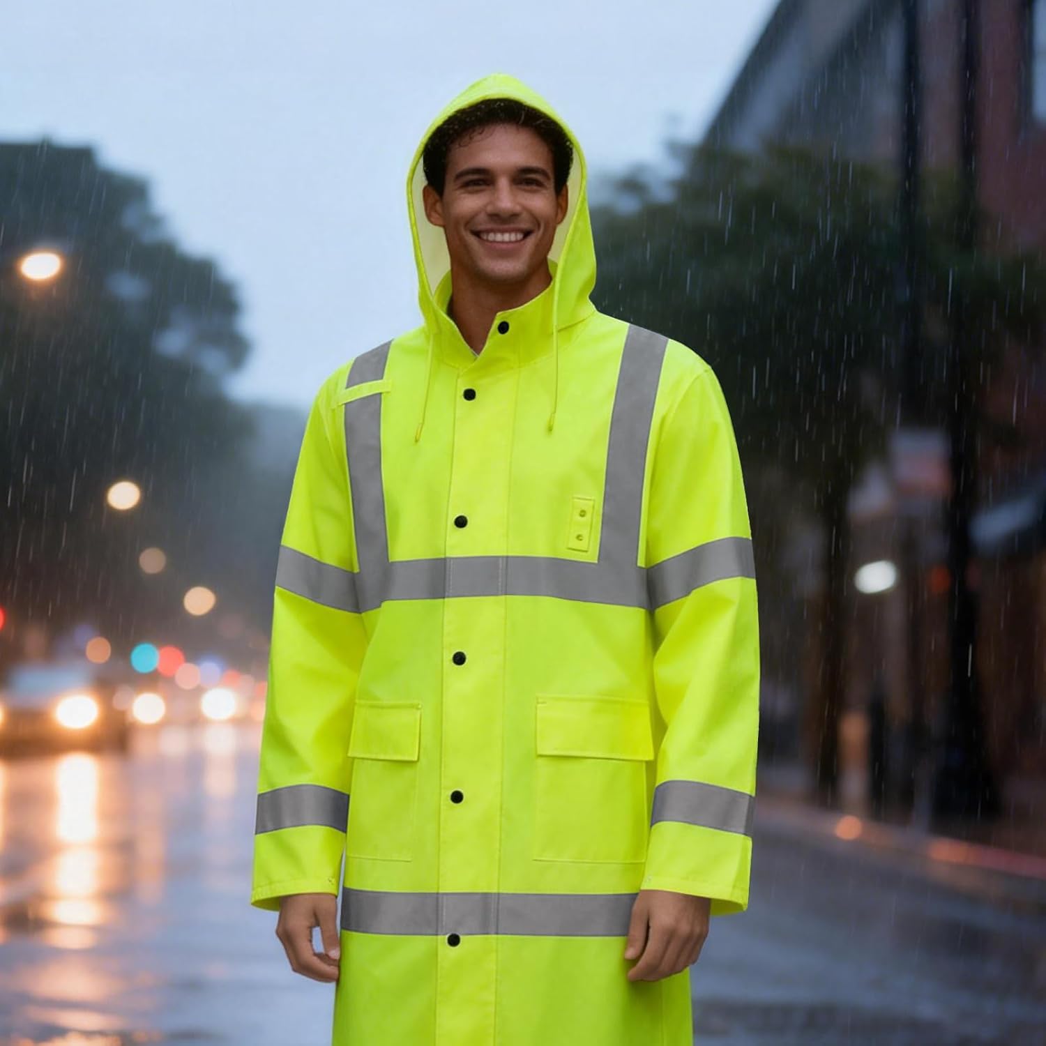 Hi Vis Rain Jacket Rain Suits for Men, Hihg Visibility Waterproof Rain Coat with Hood, Class 3 Lightweight High Vis Rain Gear for Outdoor & Safety Work, Men Women, Yellow Long, XL - Image 2