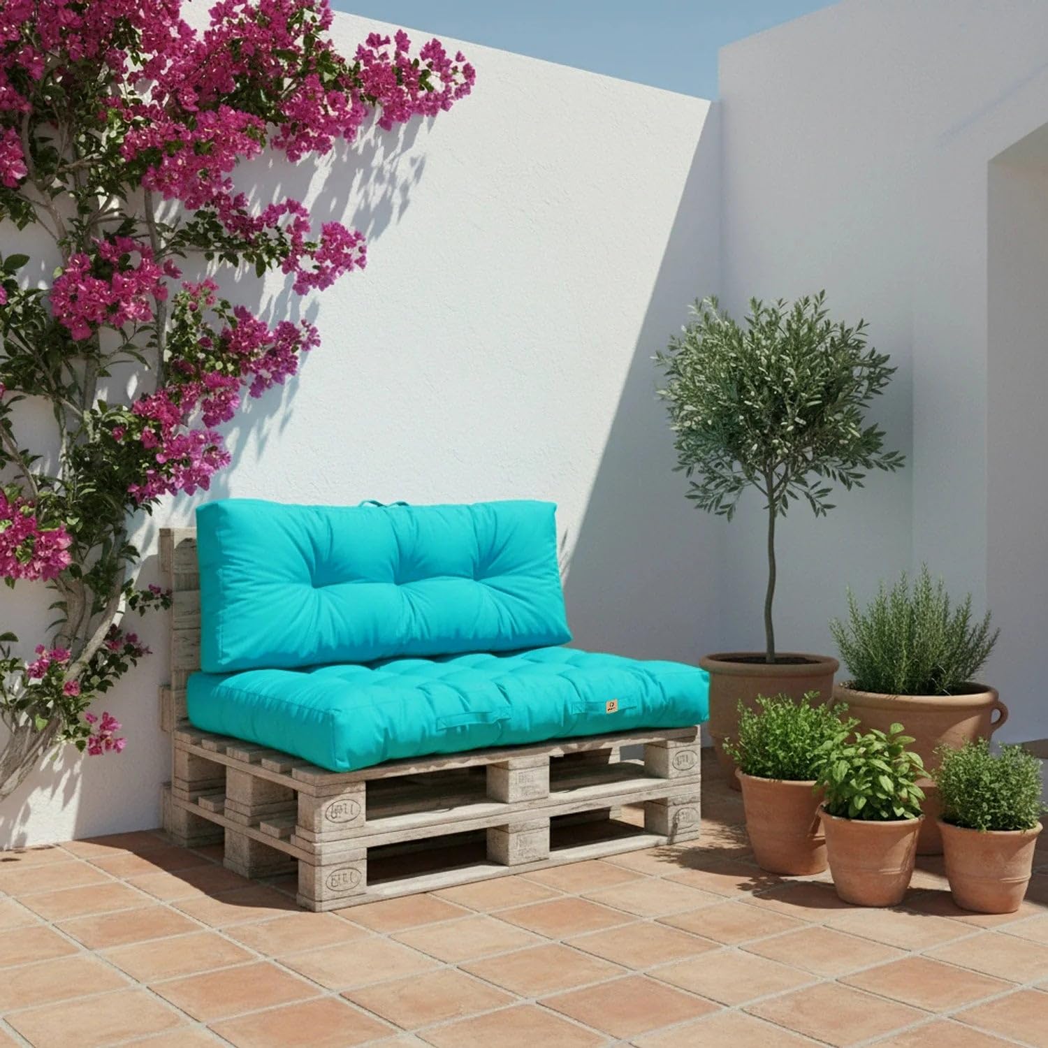 Cojines para palets - 120x80cm -Cojines palets de Respaldo y de Asiento - Acolchado, Impermeable y Anti-UV - Azul Caribe - DÉCO Arts