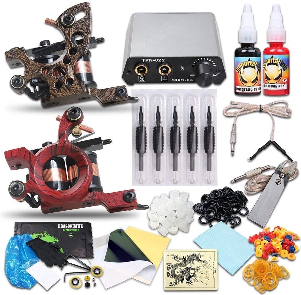 Dragonhawk Complete Tattoo Kit 2pcs Coils Tattoo Machines Color Immortal Tattoo Inks Power Supply Tattoo Needles Tips Grips Tattoo Supplies for Tattoo Artists