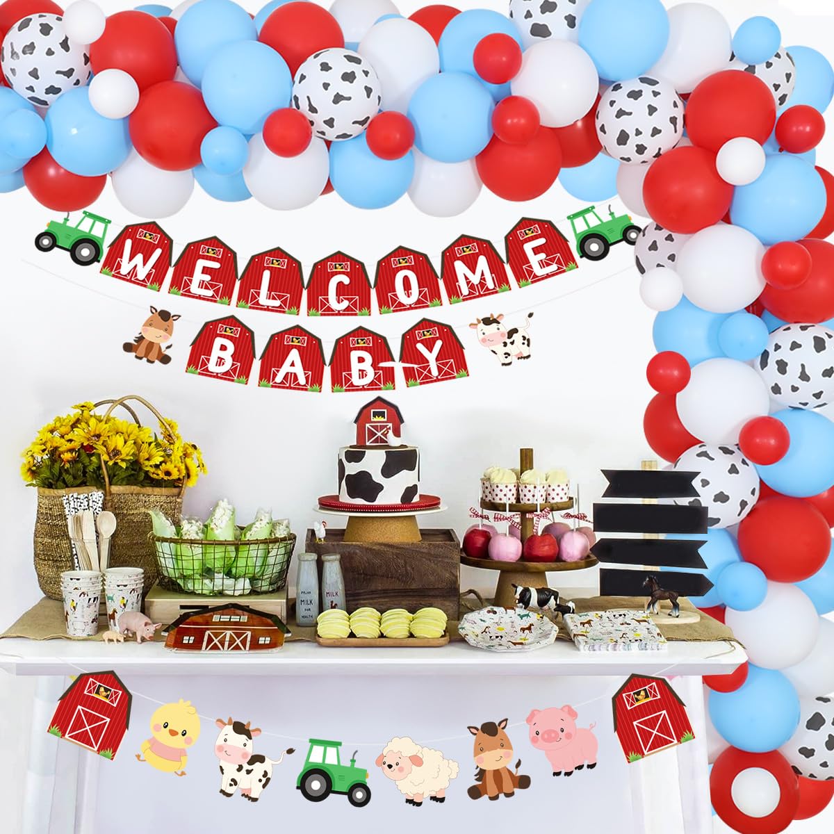 Kreatwow Banner E Ghirlanda Per Baby Shower A Tema Fattoria – Rosso Con Animali, Decorazione Completa Per Festa Di Benvenuto Per Bambina
