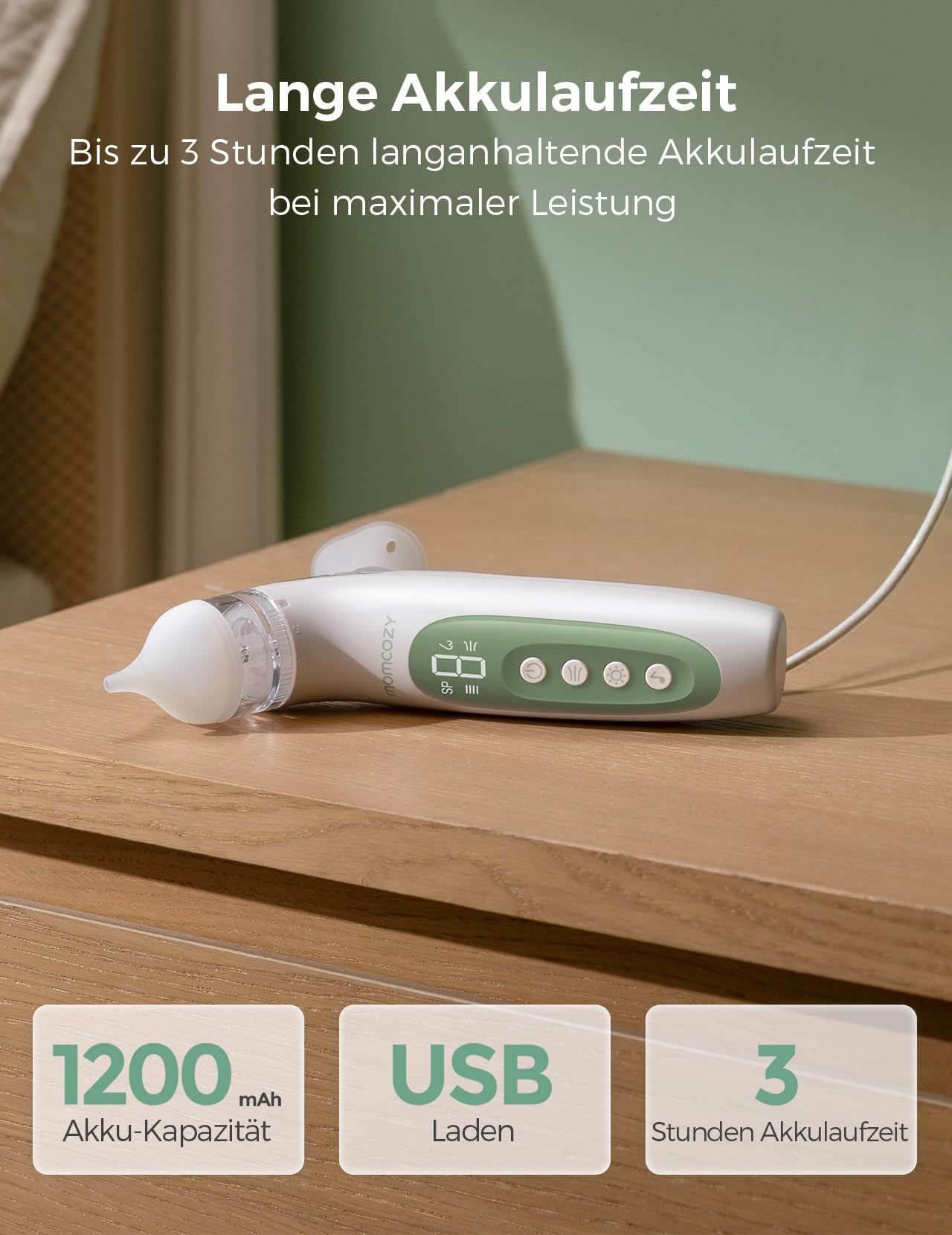 Momcozy BN007 BreezyClear 2-in-1 Nasensauger Baby, 4 einstellbare Stufen, leiser & tragbarer Nasensauger Baby mit beruhigendem Licht & Musik