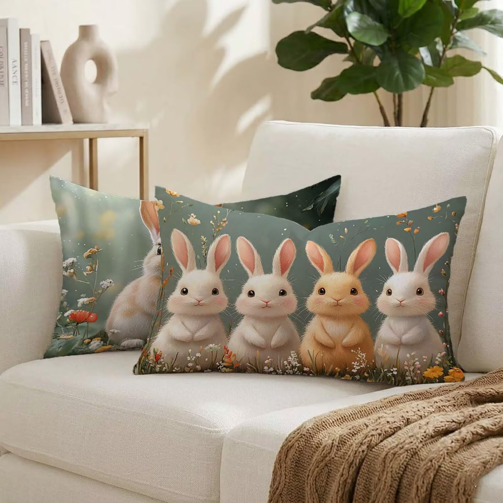 Lot de 2 Housses Coussin Extérieur Rectangulaire 40x60 cm Velours Lapin Décoratif