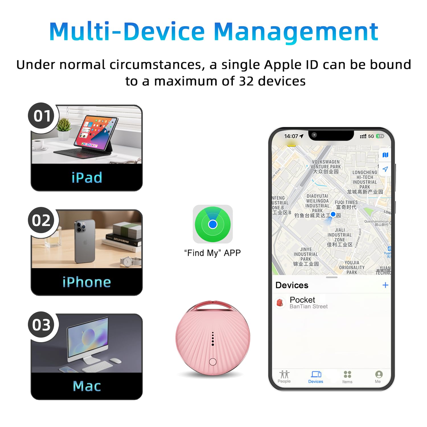 Find My App Lot de 5 localisateurs de clés intelligents Rose Compact et portable Compatible Find My App Gestion multi-appareils